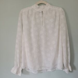 Ann Taylor White Ruffled Neck Long-Sleeve Floral Blouse